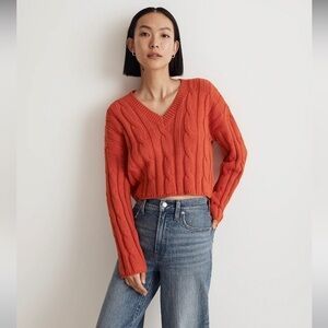 Women's Cable Knit V-Neck Sweater - Orange